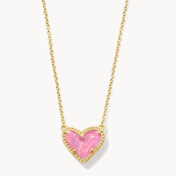 Kendra Scott Ari Heart Gold Pendant Necklace in Pink Iridescent Glitter Glass - Picture 1 of 6